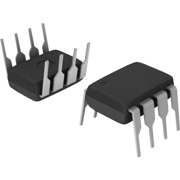 Zwei schwarze IC-Chips mit jeweils acht Metallpins auf weißem Hintergrund, zeigen unterschiedliche Perspektiven elektrischer Komponenten.